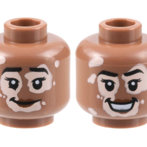 3626cpb3169 - Minifigure, Head Dual Sided Female Black Eyebrows, Light Nougat Vitiligo, Reddish Brown Lips, Grin / Open Mouth Smile Pattern - Hollow Stud