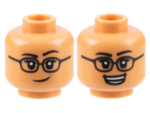 3626cpb3173 - Minifigure, Head Dual Sided Female Black Eyebrows and Glasses, Lopsided Grin / Open Mouth Smile Pattern - Hollow Stud