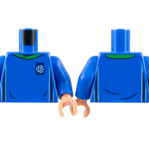 973pb4962c02 - Torso Soccer Uniform, Bright Green Collar, White and Dark Blue Side Stripes, Soccer Ball on Brick Logo Pattern / Blue Arms / Nougat Hands