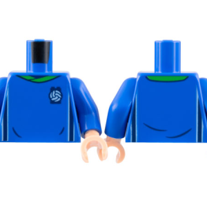 973pb4962c03 - Torso Soccer Uniform, Bright Green Collar, White and Dark Blue Side Stripes, Soccer Ball on Brick Logo Pattern / Blue Arms / Light Nougat Hands