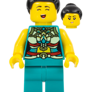 hol312 - Lunar New Year Parade Participant - Musician, Female, Ornate Dark Turquoise Costume, Black Bun, Singing Face