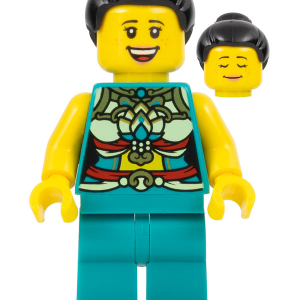 hol313 - Lunar New Year Parade Participant - Musician, Female, Ornate Dark Turquoise Costume, Black Bun, Large Smile