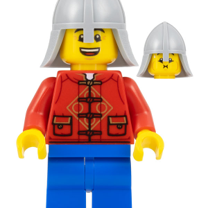 hol322 - Lunar New Year Parade Participant - Male, Red Tang Shirt, Blue Legs, Castle Guard Helmet with Neck Protector