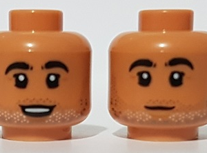 3626cpb2905 - Minifigure, Head Dual Sided, Black Bushy Eyebrows, Stubble, Open Mouth Smile / Closed Mouth Pattern  - Hollow Stud
