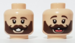 3626cpb2909 - Minifigure, Head Dual Sided, Dark Brown Eyebrows and Beard with Black Curly Moustache, Open Mouth Smile / Laughing with Tongue Pattern - Hollow Stud