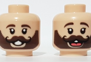 3626cpb2909 - Minifigure, Head Dual Sided, Dark Brown Eyebrows and Beard with Black Curly Moustache, Open Mouth Smile / Laughing with Tongue Pattern - Hollow Stud