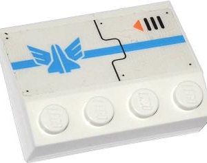 3297pb028L - Slope 33 3 x 4 with Blue Stripe, Galaxy Squad Logo, Air Vent and Orange Arrow Pattern Model Left Side (Sticker) - Set 70709