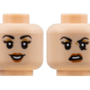 3626cpb2847 - Minifigure, Head Dual Sided Female, Black Eyebrows, Medium Nougat Eye Shadow, Dark Orange Lips, Smile / Scowl Pattern - Hollow Stud
