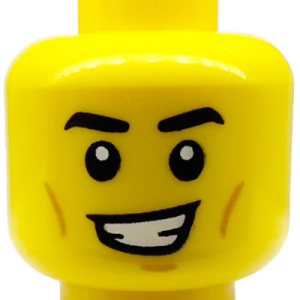 3626cpb3266 - Minifigure, Head Black Eyebrows, Medium Nougat Chin Dimple and Cheek Lines, Lopsided Open Mouth Smile with Teeth Pattern - Hollow Stud