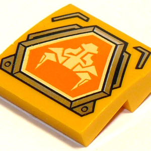 15068pb105 - Slope, Curved 2 x 2 x 2/3 with Bright Light Yellow Bull Head on Orange Hexagonal Shield with Silver Border Pattern