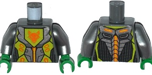973pb2259c01 - Torso Nexo Knights Armor with Orange and Gold Circuitry and Lime Emblem with Orange Fox Head Pattern / Flat Silver Arms / Green Hands