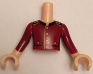 FTBpb013c01 - Torso Mini Doll Boy Dark Red Jacket, 2 Pockets, Gold Buttons and Black Collar Pattern, Light Nougat Arms with Hands with Dark Red Sleeves