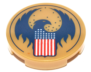 14769pb158 - Tile, Round 2 x 2 with Bottom Stud Holder with Blue Bird with Raised Wings and Flag with Red, White and Blue Stars and Stripes Pattern