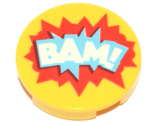 14769pb168 - Tile, Round 2 x 2 with Bottom Stud Holder with 'BAM!' in Blue and Red Starburst Explosion Pattern