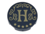 14769pb497 - Tile, Round 2 x 2 with Bottom Stud Holder with Gold Capital Letter H, Filigree, and Stars Pattern