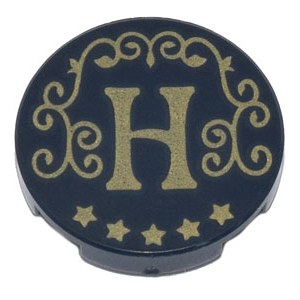 14769pb497 - Tile, Round 2 x 2 with Bottom Stud Holder with Gold Capital Letter H, Filigree, and Stars Pattern