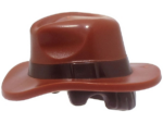 1849pb01 - Minifigure, Hair Combo, Hat with Hair, Fedora Outback Style with Wide Brim with Molded Dark Brown Band and Short Hair Pattern