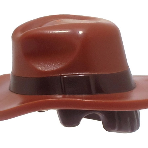 1849pb01 - Minifigure, Hair Combo, Hat with Hair, Fedora Outback Style with Wide Brim with Molded Dark Brown Band and Short Hair Pattern