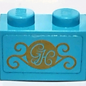 3004pb141 - Brick 1 x 2 with Gold 'GH' and Swirls Pattern (Sticker) - Set 41101