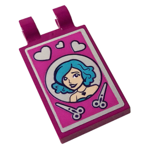 30350bpb118 - Tile, Modified 2 x 3 with 2 Clips with Hearts, Scissors and Girl with Medium Azure Hair Pattern (Sticker) - Set 41391