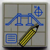 3068bpx28 - Tile 2 x 2 with Groove with Blue Blueprints, Letter N, and Compass Needle, Yellow Pencil on Dark Gray Grid Pattern