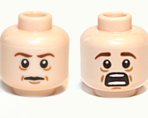 3626cpb0818 - Minifigure, Head Dual Sided Dark Brown Eyebrows, Medium Nougat Dimples, Wrinkles, and Chin Dimple, Neutral / Open Mouth Scared with Teeth Parted Pattern - Hollow Stud