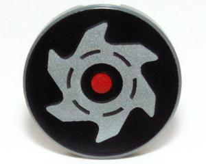 4150pb147 - Tile, Round 2 x 2 with Red Circle and Silver Saw Blade on Black Background Pattern