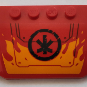52031pb171 - Wedge 4 x 6 x 2/3 Triple Curved with Bright Light Orange Flames, Hull Plates with Rivets, and Black Ninjago Logogram Letter K in Circle Pattern (Sticker) - Set 70675