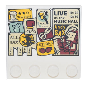 6179pb214 - Tile, Modified 4 x 4 with Studs on Edge with Bulletin Board with Posters, Advertisements with Pull Strips, Coupons, 'Andy Sax', 'Lessons', 'Ace' Pattern