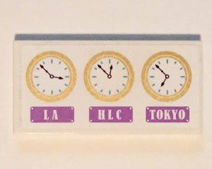 87079pb0306 - Tile 2 x 4 with 3 Gold Clocks and 'LA', HLC' and 'TOKYO' Pattern (Sticker) - Set 41101