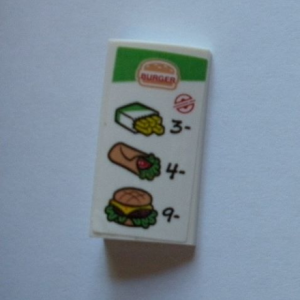 88930pb119 - Slope, Curved 2 x 4 x 2/3 with Bottom Tubes with Menu, 'BURGER', Fries, Wrap, Cheeseburger, '3-', '4-', and '9-' Pattern (Sticker) - Set 60214