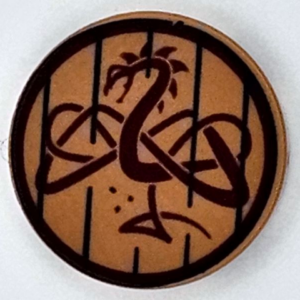 14769pb640 - Tile, Round 2 x 2 with Bottom Stud Holder with Dark Brown Border and Bars and Dark Red Dragon Pattern