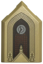 22385pb308 - Tile, Modified 2 x 3 Pentagonal with Dark Tan Arches and Spires, Light Bluish Gray Clock, Reddish Brown Window with Dark Brown Lattice Pattern
