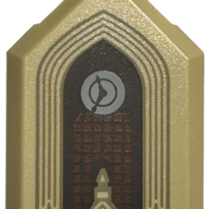 22385pb308 - Tile, Modified 2 x 3 Pentagonal with Dark Tan Arches and Spires, Light Bluish Gray Clock, Reddish Brown Window with Dark Brown Lattice Pattern