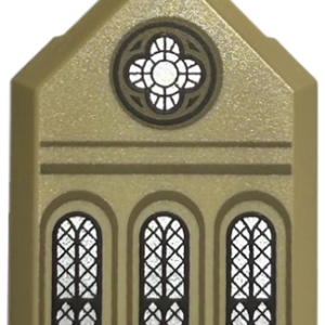 22385pb309 - Tile, Modified 2 x 3 Pentagonal with Ornate Round and 3 Arched Silver Windows with Dark Brown Lattice, Dark Tan Arches and Lines Pattern