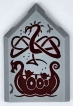 22385pb313 - Tile, Modified 2 x 3 Pentagonal with Dark Red Dragon and Viking Ship Pattern