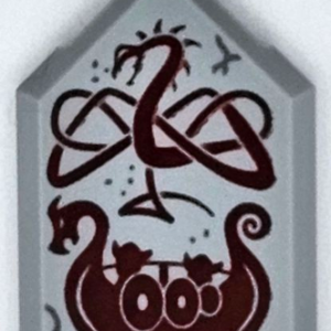 22385pb313 - Tile, Modified 2 x 3 Pentagonal with Dark Red Dragon and Viking Ship Pattern