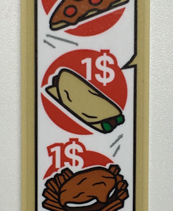 2454pb178 - Brick 1 x 2 x 5 with Menu with '1$' for Pizza, Burrito, Burger and Fries Pattern (Sticker) - Set 76108