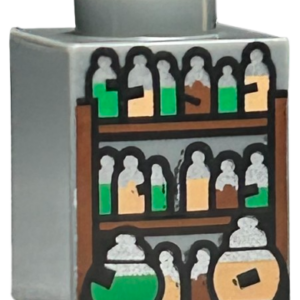 3005pb062 - Brick 1 x 1 with Shelves and Potion Bottles with Black Labels, Silver Tops, and Green, Nougat, and Reddish Brown Contents Pattern