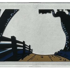 57895pb127 - Glass for Window 1 x 4 x 6 with Medium Nougat Dirt Road, Black Fence and Trees / Trunks with Bright Light Blue Spots, Dark Blue Bushes Pattern