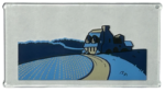 57895pb128 - Glass for Window 1 x 4 x 6 with Bright Light Blue and Dark Blue Fields, Tan Road and House, Black Roof and Bushes Pattern