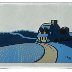 57895pb128 - Glass for Window 1 x 4 x 6 with Bright Light Blue and Dark Blue Fields, Tan Road and House, Black Roof and Bushes Pattern