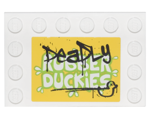 6180pb092 - Tile, Modified 4 x 6 with Studs on Edges with Black 'DeaDLy' and Duck Graffiti over Lime and White 'RUBBER DUCKIES' Pattern (Sticker) - Set 76035