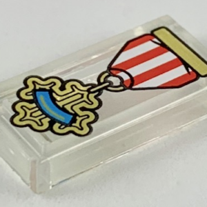 3069pb0697 - Tile 1 x 2 with Red and White Ribbon, Gold Cross Medal with Dark Azure Stripe Pattern