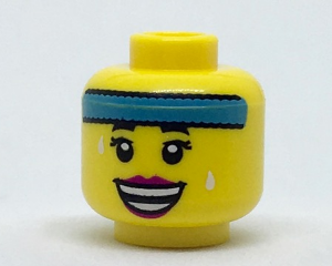 3626pb1816 - Minifigure, Head Female Dark Azure Headband, Black Eyebrows, Eyelashes, White Sweat Drops, Magenta Lips, Open Mouth Smile with Teeth Parted Pattern