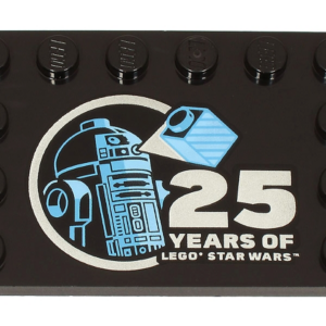6180pb195 - Tile, Modified 4 x 6 with Studs on Edges with Bright Light Blue and Medium Blue R2-D2 Minifigure and Silver '25 YEARS OF LEGO STAR WARS' Pattern