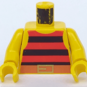 973p33c01 - Torso Pirate Tank Top with Black and Red Horizontal Stripes, Dark Orange Belt with Gold Buckle Pattern / Yellow Arms / Yellow Hands