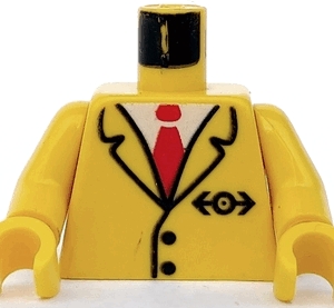 973p83c01 - Torso Suit Jacket with 2 Black Buttons and Train Logo over Red Tie and White Shirt Pattern / Yellow Arms / Yellow Hands