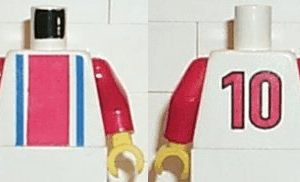 973pb0246c01 - Torso Soccer Vertical Red and Blue Stripes and Number 10 on Back Pattern / Red Arms / Yellow Hands