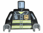 973pb0300c02 - Torso Fire Uniform Gold Badge, Silver Reflective Stripes, Dark Bluish Gray Radio Pattern / Black Arms / Dark Bluish Gray Hands